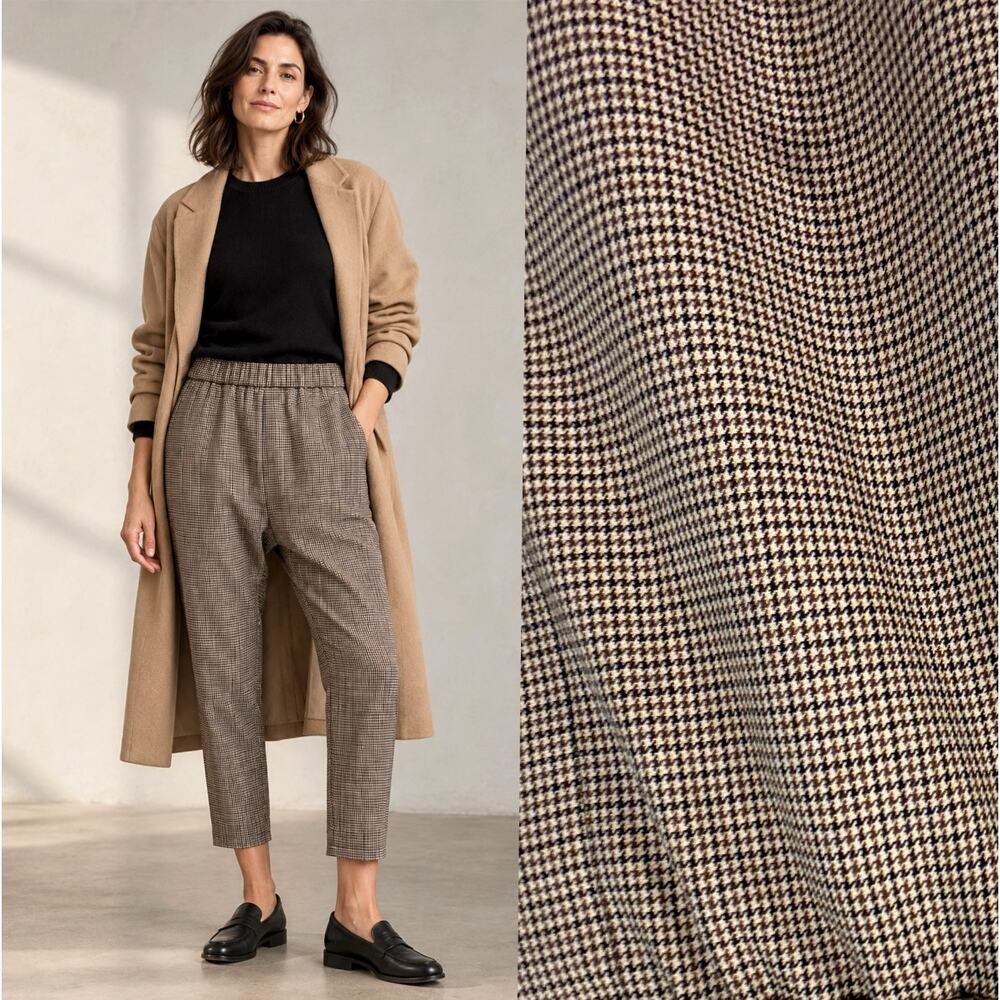 NWT! Nili Lotan M Wool Drawstring Paris Pants Houndstooth Elastic Waist Brown